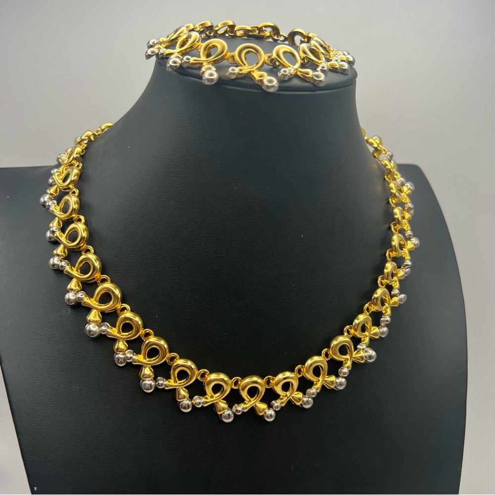 Vintage Two Tone Gold & Silver Scroll Collar Necklace & Bracelet Set